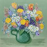Blühender Blumenstrauß auf grün II, Gemälde von Julia Kurtu